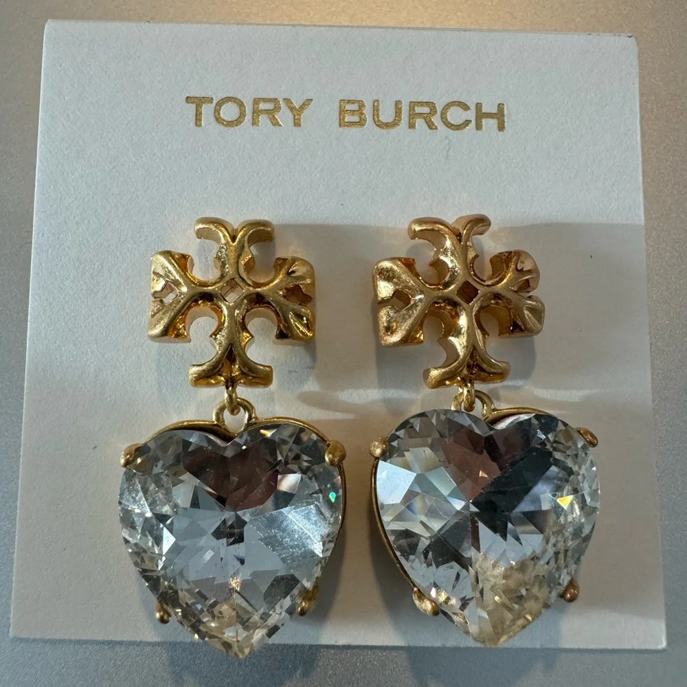 Tory Burch New Roxanne Crystal Brass Heart Drop Earrings